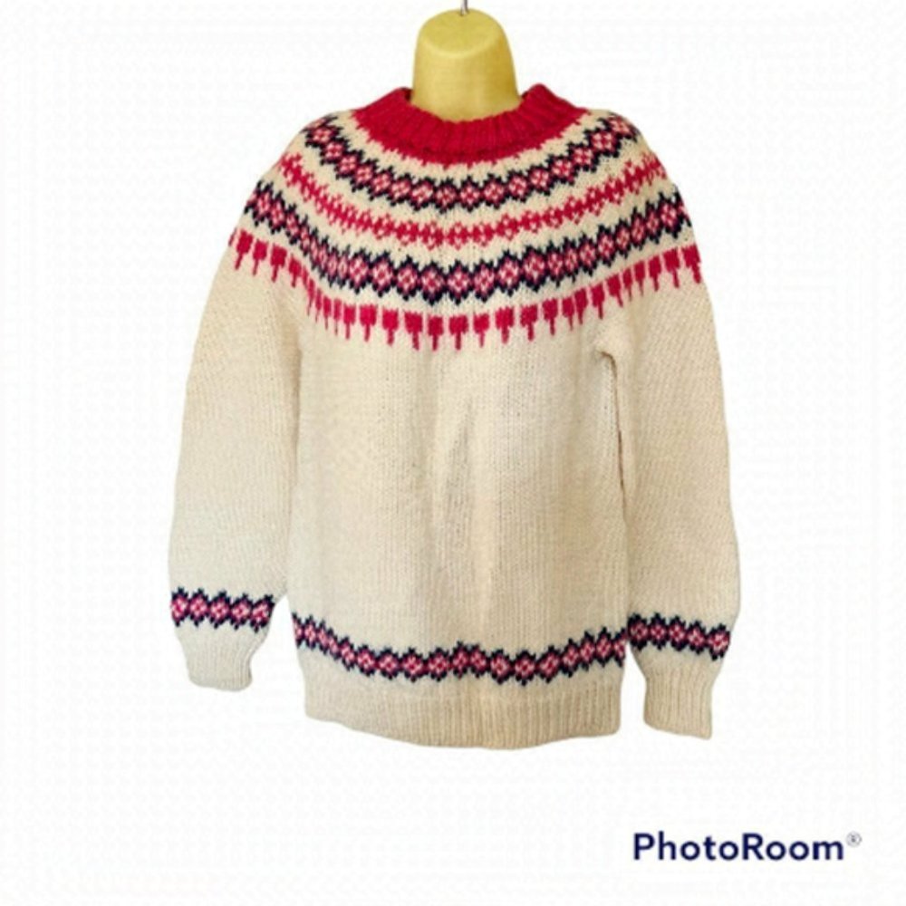 Vintage Fairisle hand knit White-Retro Fisherman- Sweater. size Large